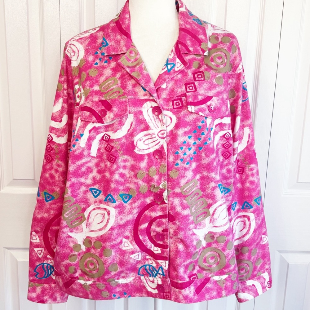 Breckenridge Artsy Pink Multi Print Lightweight Button Down Jacket XL